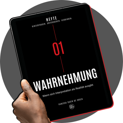 UN4RT Hefte – product mockup of a black tablet with red edge case held in a dark hand displaying the digital cover of Hefte Nr. 01 titled WAHRNEHMUNG with subtitle Wenn sich Interpretation als Realität ausgibt by Vanessa Susin de Souza, featuring bold white typography, a large red number 01 on a black background with a vertical red centre line and the UN4RT logo badge, dark editorial digital notebook mockup on a grey circular background
