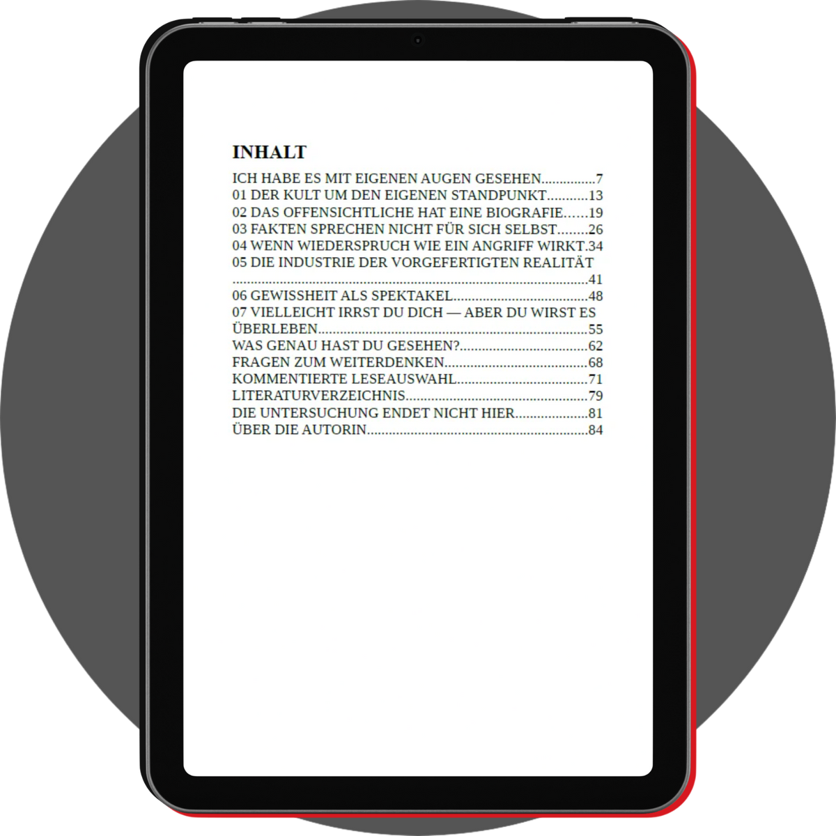 UN4RT - german digital booklet hefte 01 wahrnehmung displayed on a black tablet with a slim red edge, showing a german table of contents with numbered chapters, page references, reflection questions, and reference sections on a white page, centered over a gray circular background