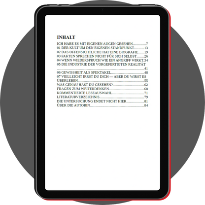 UN4RT - german digital booklet hefte 01 wahrnehmung displayed on a black tablet with a slim red edge, showing a german table of contents with numbered chapters, page references, reflection questions, and reference sections on a white page, centered over a gray circular background
