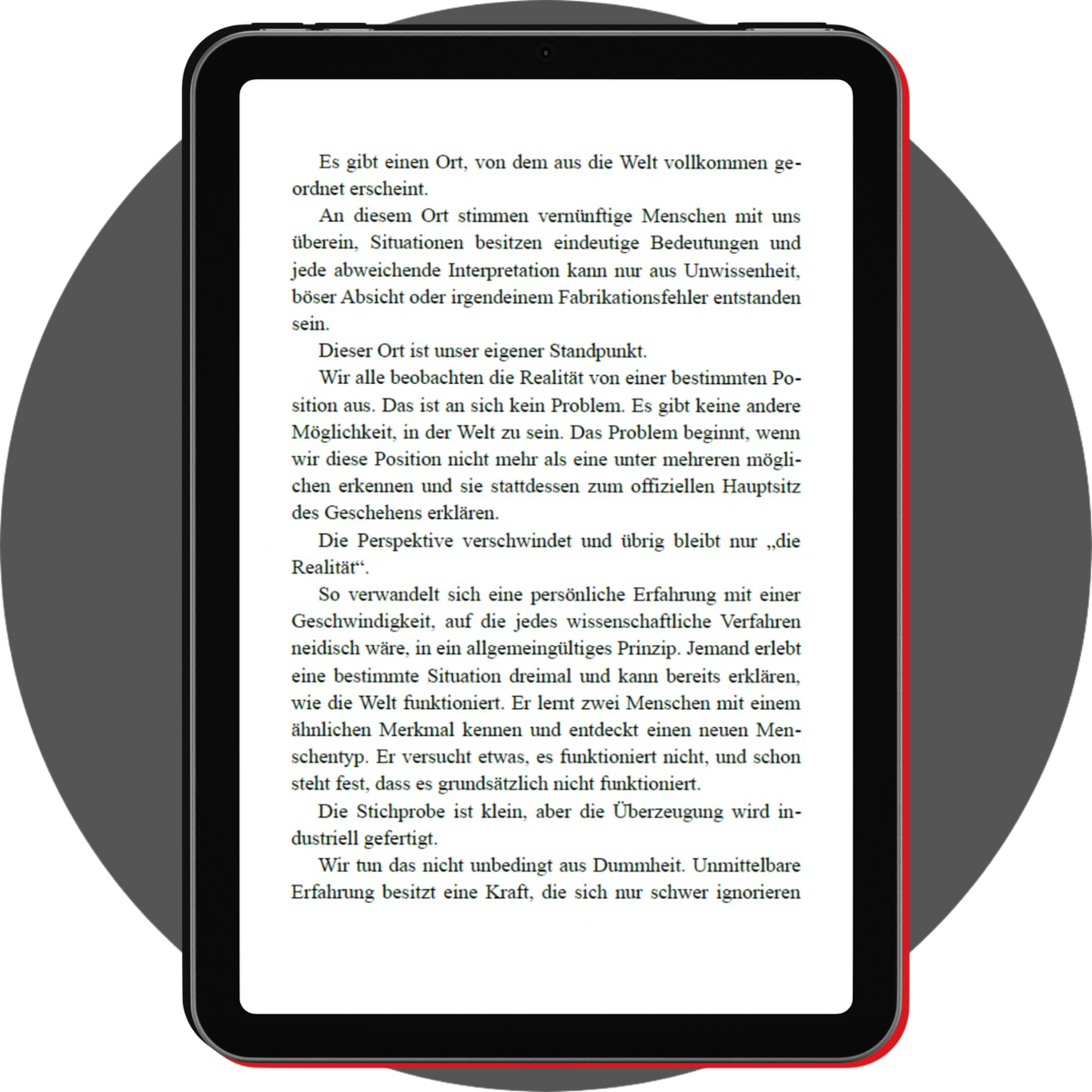 UN4RT - german digital booklet hefte 01 wahrnehmung displayed on a black tablet with a slim red edge, showing a german reading page with dense black text on white about perspective, personal experience, and interpreting reality, centered over a gray circular background