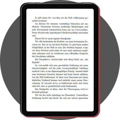 UN4RT - german digital booklet hefte 01 wahrnehmung displayed on a black tablet with a slim red edge, showing a german reading page with dense black text on white about perspective, personal experience, and interpreting reality, centered over a gray circular background