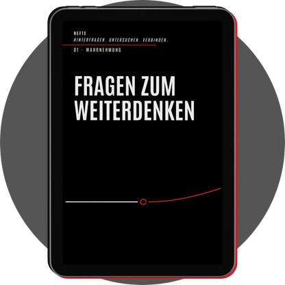UN4RT - german digital booklet hefte 01 wahrnehmung displayed on a black tablet with a slim red edge, showing a minimalist reflection page with large white german typography and a fine white-and-red line graphic on a black background, centered over a gray circle