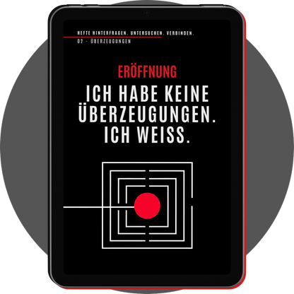 UN4RT - hefte 02 überzeugungen opening page on a tablet, with bold white typography, nested white squares and a red circle
