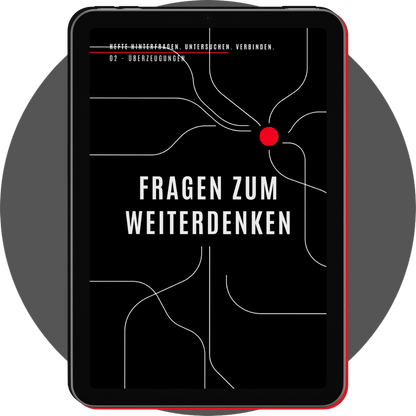 UN4RT - hefte 02 überzeugungen reflection section on a tablet, with white typography, curved lines and a red circle on black
