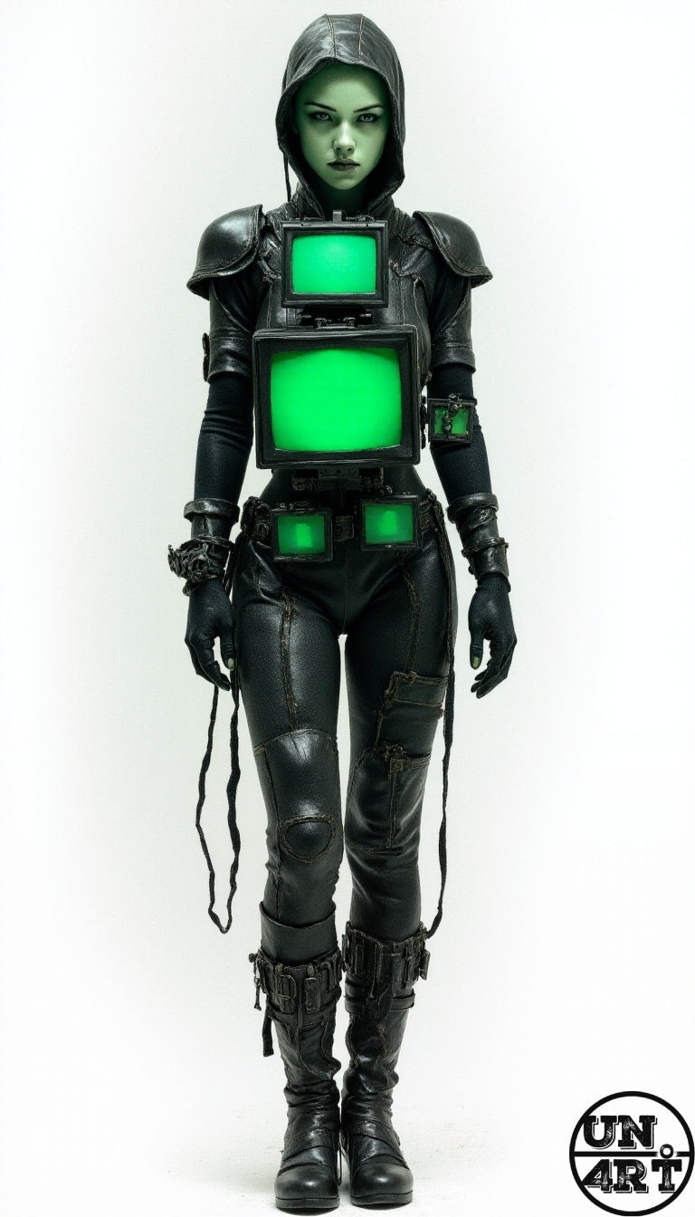 UN4RT imaginarium – dark female figure in black hooded armour with glowing green screen panels on chest, cyberpunk digital art on white background.