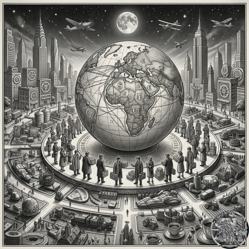 UN4RT imaginarium – detailed black and white engraving-style illustration of globe with currency symbols surrounded by retro city skyline and figures, editorial digital art.