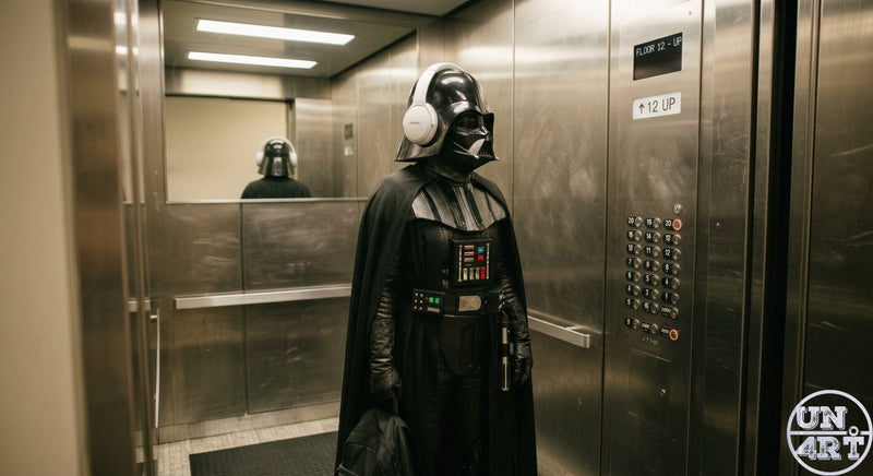 UN4RT imaginarium – dark armoured sci-fi villain in elevator wearing white headphones, surreal pop culture digital art.