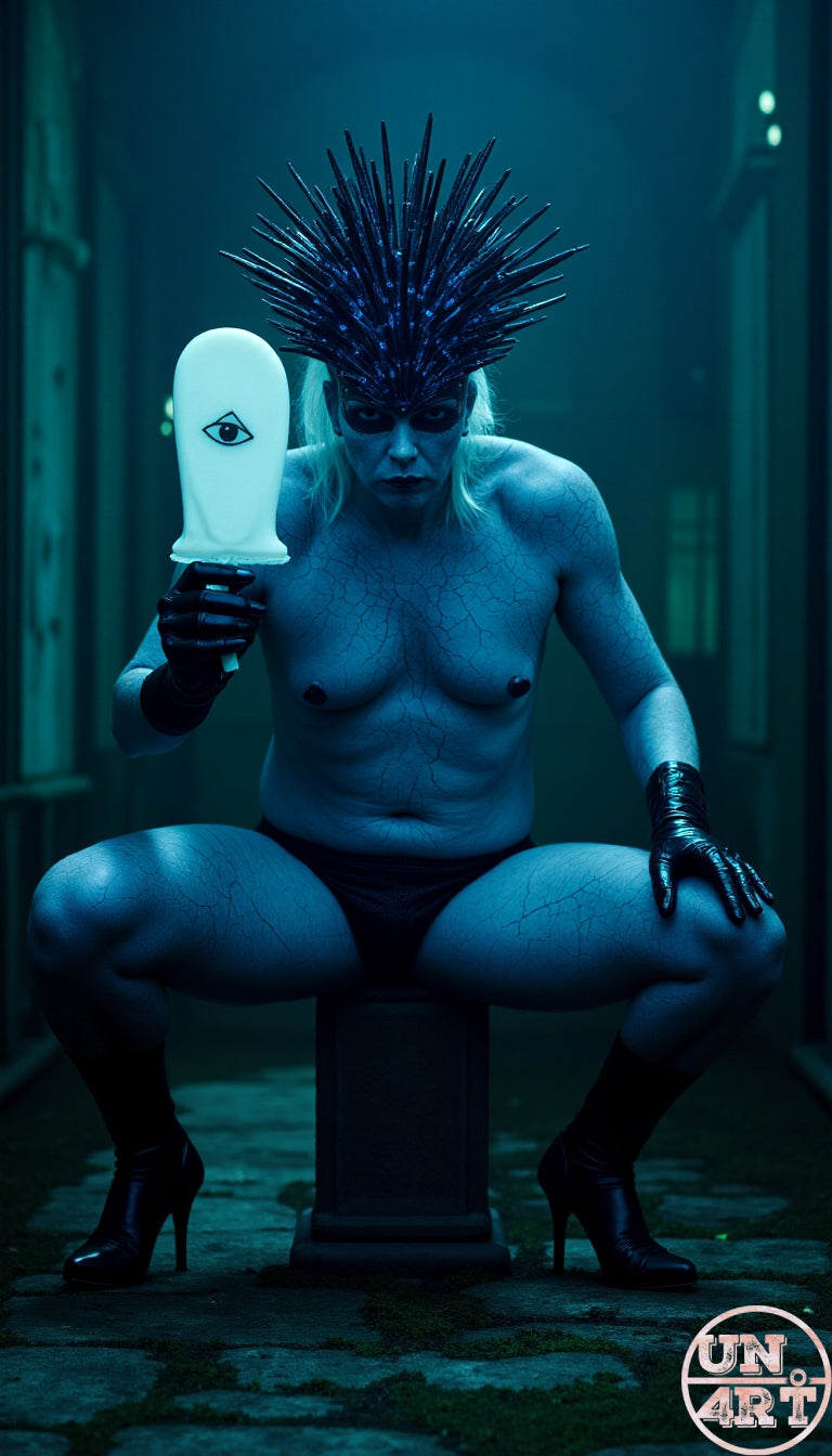 UN4RT imaginarium – pale figure crouching on pedestal wearing spiked crown holding a glowing all-seeing eye mask, dark teal cinematic fantasy art.