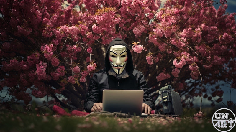 UN4RT imaginarium – masked hooded figure working on a laptop surrounded by blooming pink cherry blossom trees, cinematic dark fantasy art.