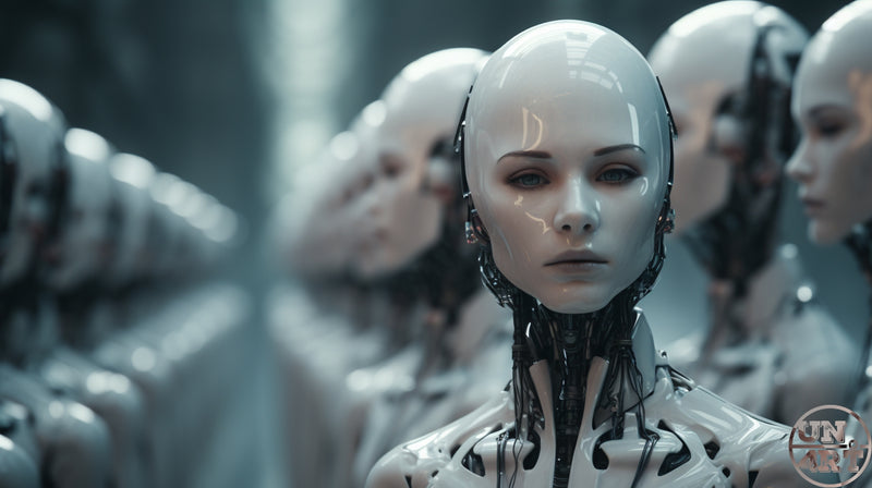 UN4RT imaginarium – row of white porcelain female androids in a sterile sci-fi corridor, dystopian digital art.