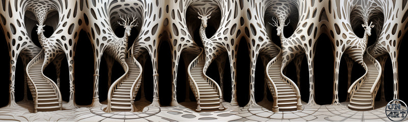UN4RT imaginarium – surreal architectural interior with giraffe-human hybrid sculptures and spiral staircases, dark fantasy digital art.