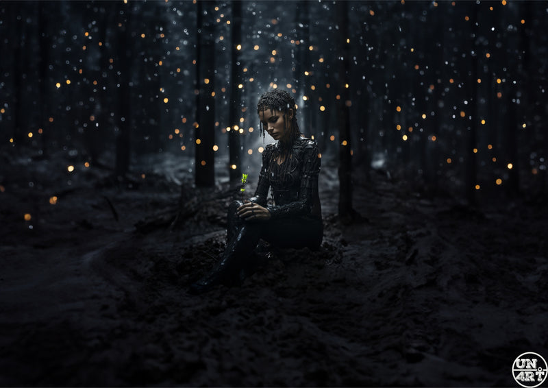 UN4RT imaginarium – dark figure kneeling in black forest holding a tiny glowing plant, golden bokeh lights, cinematic fantasy art.