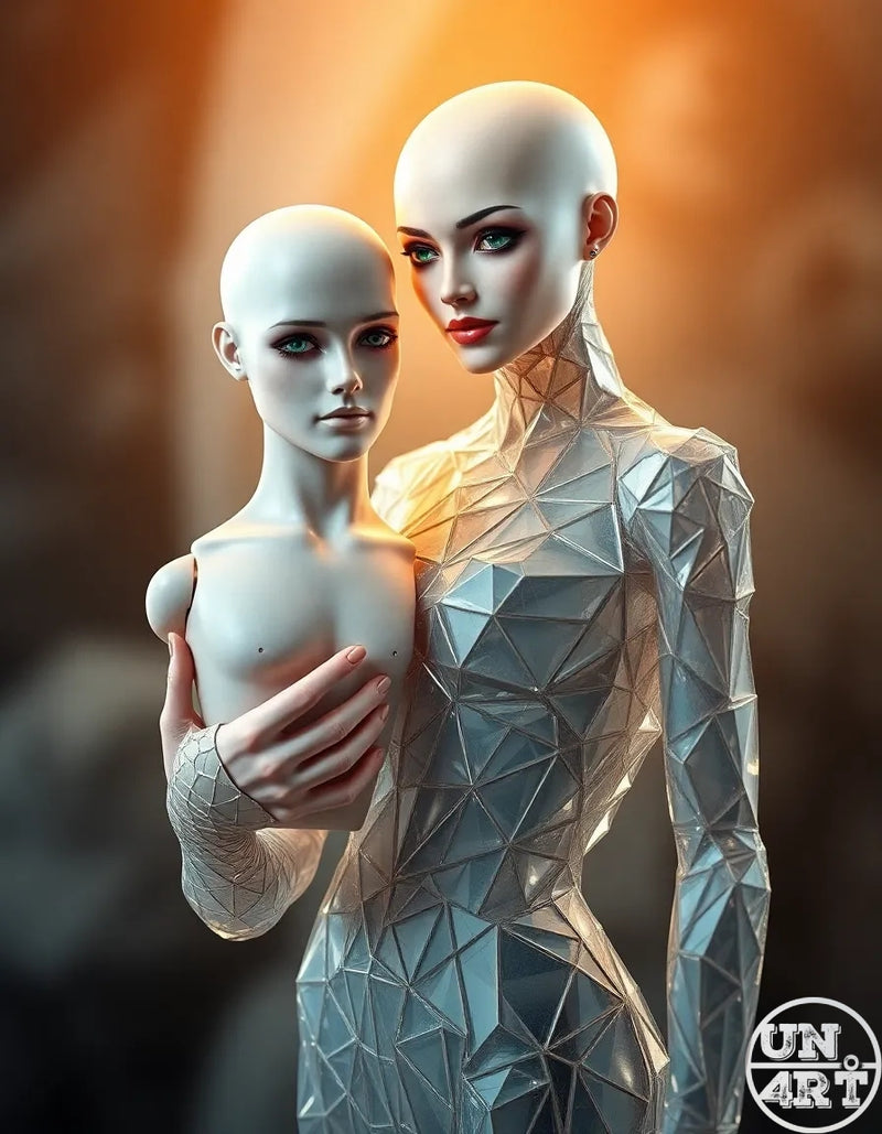 UN4RT imaginarium – chrome geometric humanoid figure holding a smaller bald doll-like figure, warm golden background, surreal sci-fi art.