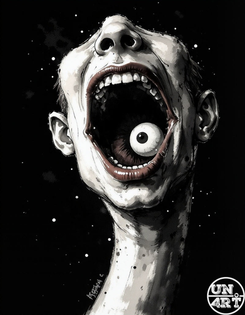 UN4RT imaginarium – surreal black and white illustration of distorted screaming face with eye inside open mouth, dark horror art.