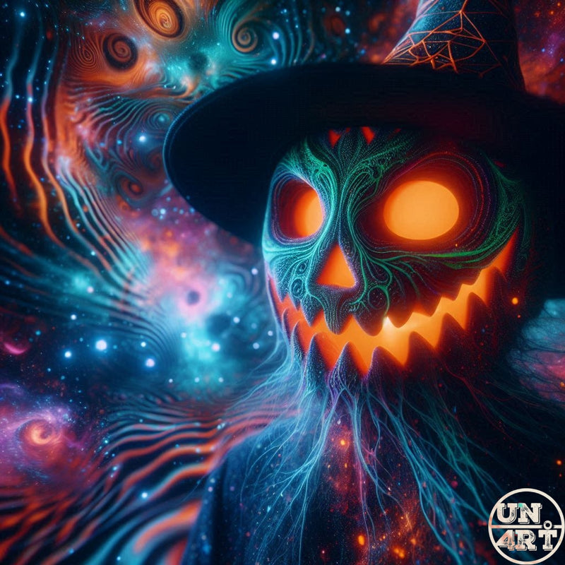 UN4RT imaginarium – glowing jack-o-lantern face with filigree teal vein details wearing a witch hat, vivid cosmic neon background, dark fantasy art.