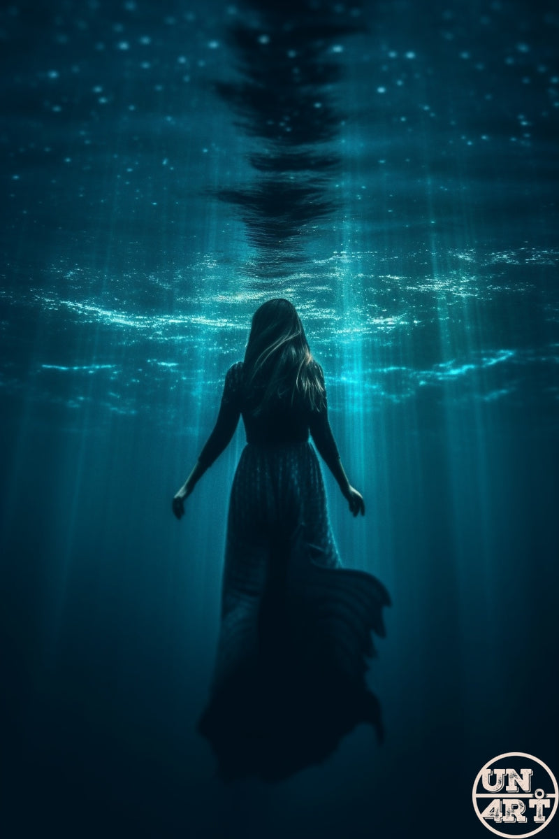 UN4RT imaginarium – woman in flowing dress seen from behind sinking underwater toward glowing teal light rays, dark surreal photography.