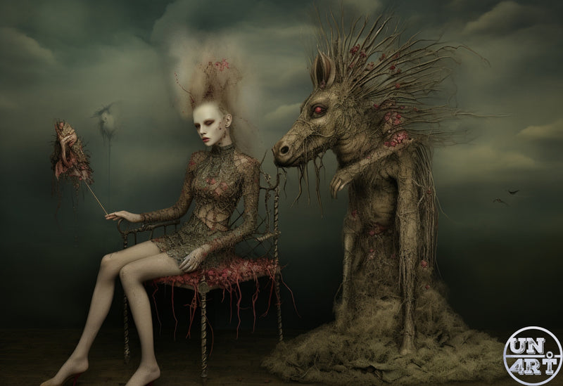 UN4RT imaginarium – pale figure in ornate dress seated beside a grotesque horse-like creature, dark baroque surreal oil painting style.