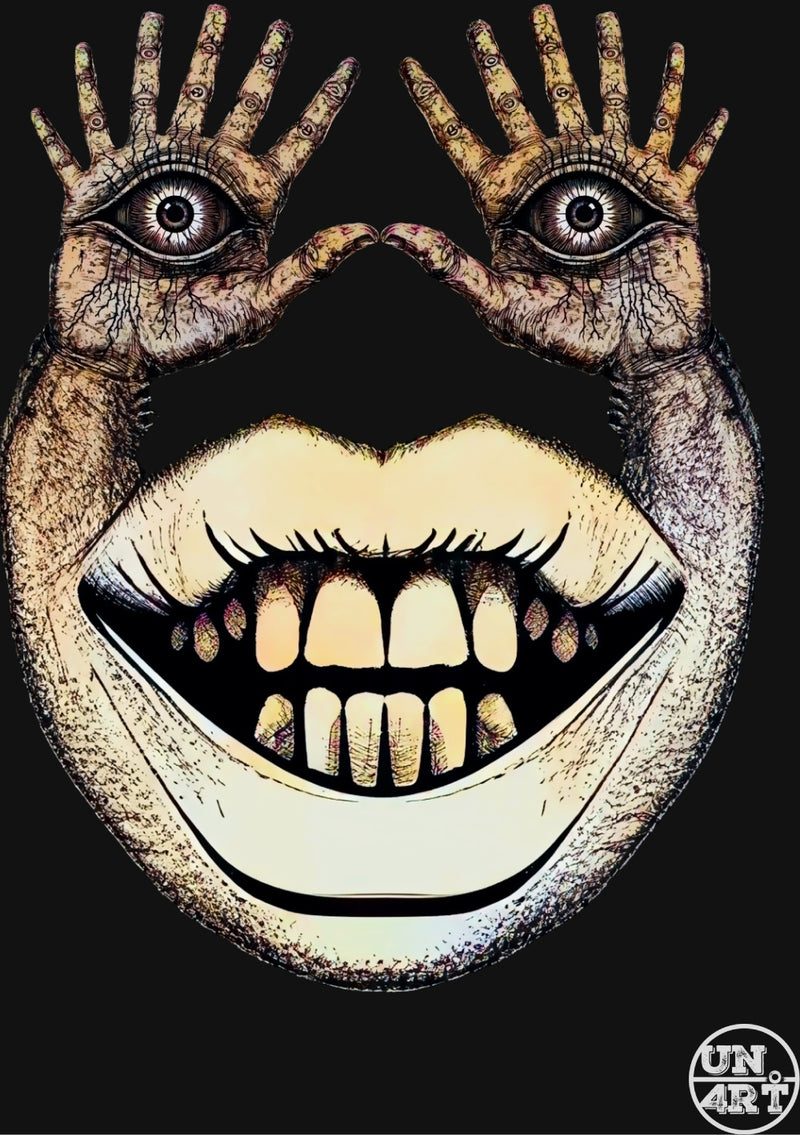 UN4RT imaginarium – surreal illustration of oversized mouth with eyes embedded in hands framing face, dark body horror art on black background.