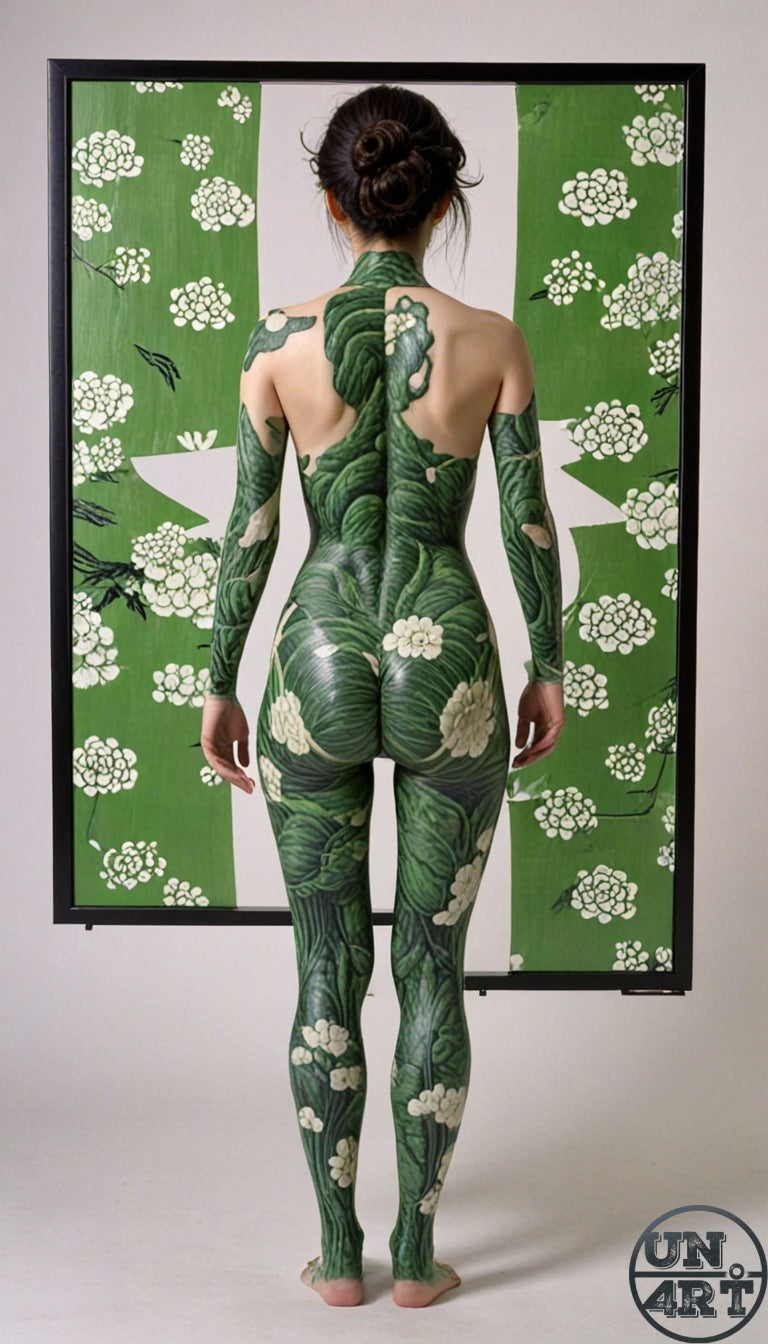 UN4RT imaginarium – woman seen from behind with full-body floral bodypainting blending into matching green patterned canvas, body art photography.