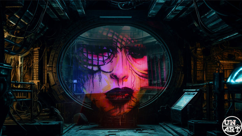 UN4RT imaginarium – neon graffiti portrait of a woman's face visible through a circular hatch in a dark industrial sci-fi interior, cyberpunk digital art.