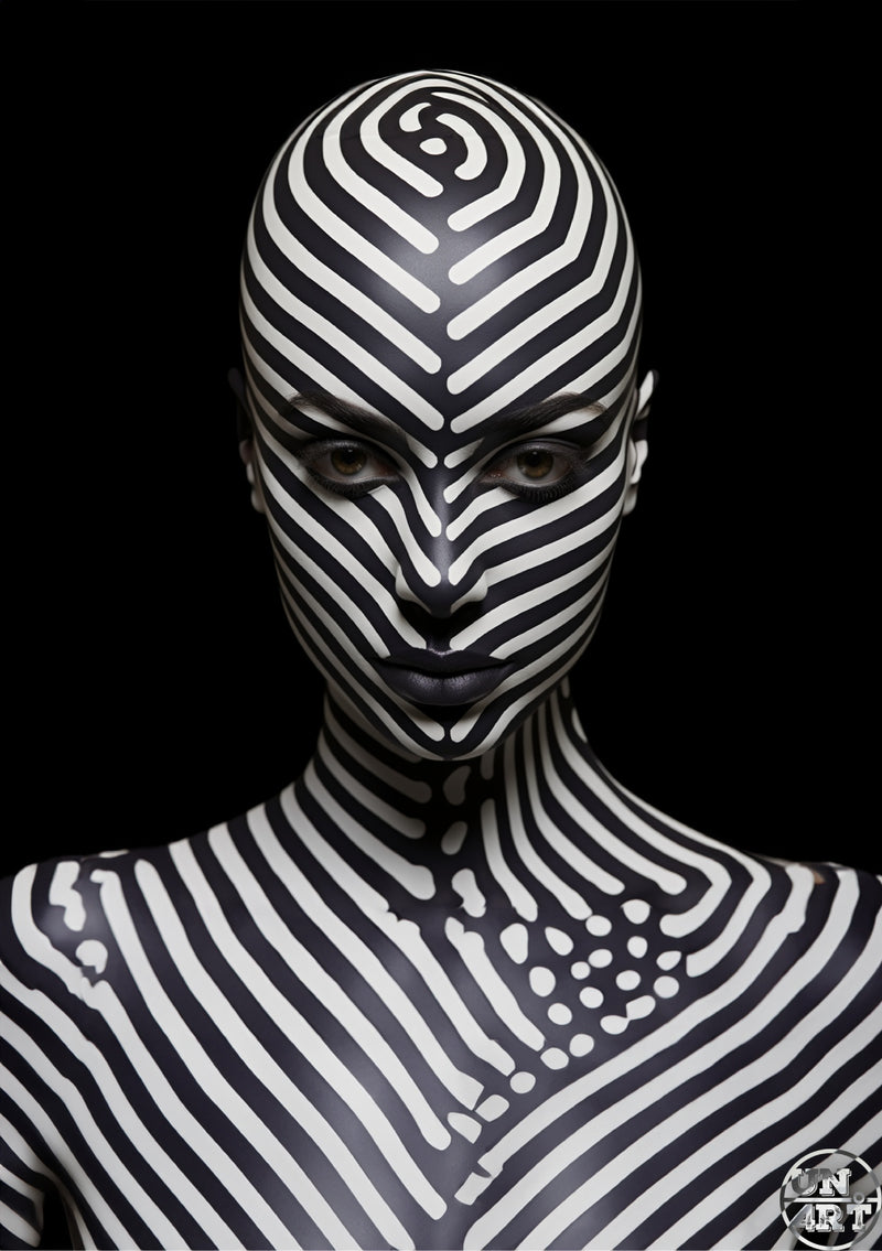 UN4RT imaginarium – androgynous figure covered head-to-toe in bold black and white op-art stripe bodypainting, dark editorial portrait.