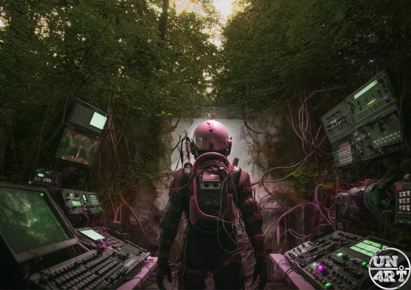 UN4RT imaginarium – armoured astronaut seen from behind in an overgrown control room surrounded by tangled cables and monitors, dark sci-fi concept art.