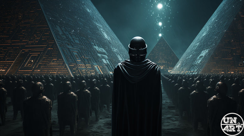 UN4RT imaginarium – lone cloaked masked figure standing before two massive pyramid structures flanked by a crowd in a dark cinematic sci-fi scene.