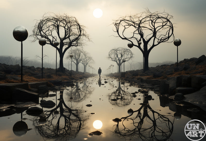 UN4RT imaginarium – lone silhouette walking between bare twisted trees with chrome sphere ornaments reflected in still water, misty surreal landscape.