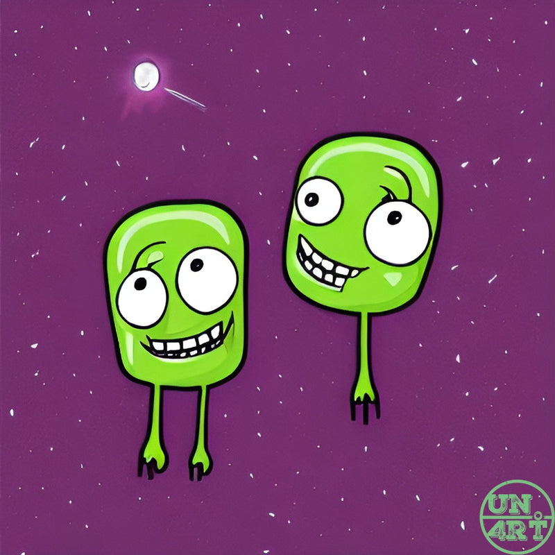 UN4RT imaginarium – two cartoon green alien creatures with wide grinning faces and clawed feet floating in a purple starry night sky, quirky digital art.