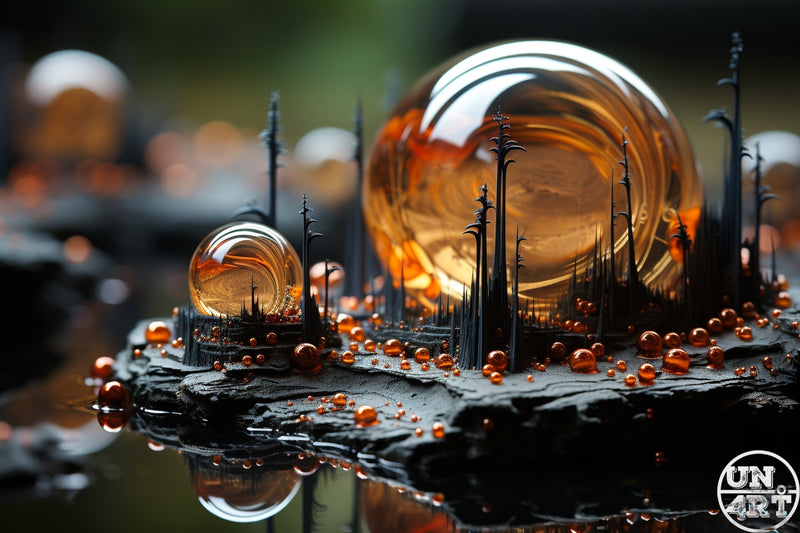 UN4RT imaginarium – miniature dark gothic city enclosed in glowing amber glass orbs on a wet rock surface, surreal macro fantasy art.