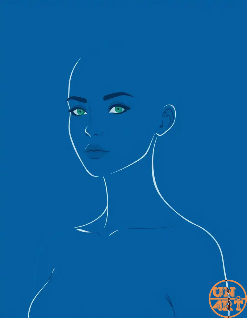 UN4RT imaginarium – minimalist flat illustration of a bald woman with green eyes rendered entirely in deep blue tones, modern digital portrait art.
