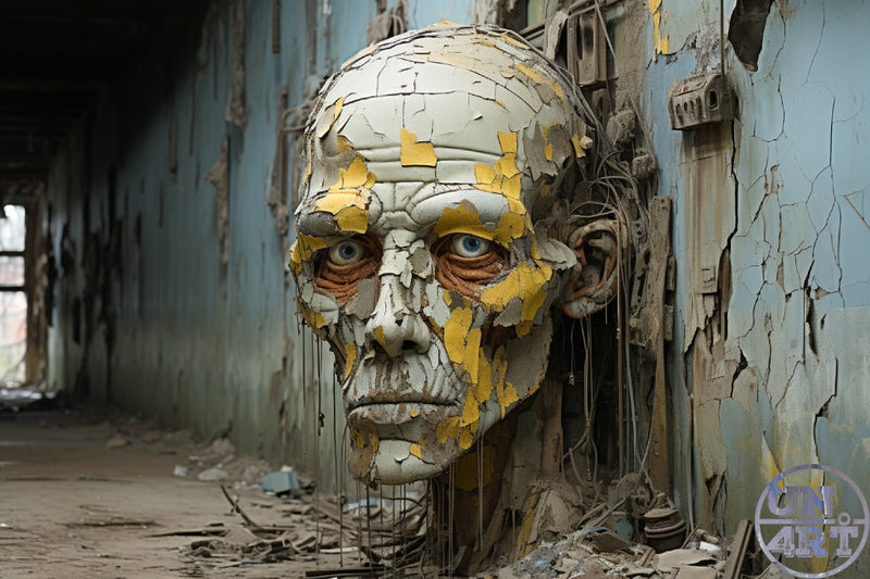 UN4RT imaginarium – oversized crumbling male face sculpture with peeling paint embedded in a derelict industrial building wall, dark surreal art.
