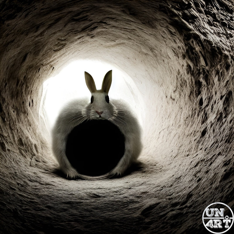 UN4RT imaginarium – white rabbit sitting at the end of a narrow dark stone tunnel facing a circular glowing light, surreal rabbit hole concept art.