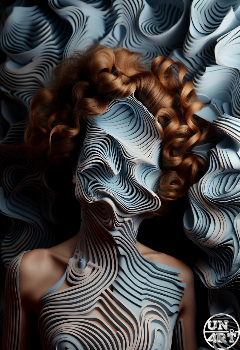 UN4RT imaginarium – woman's face and body dissolving into flowing layered paper wave sculptures, auburn curly hair, dark surreal 3d art.