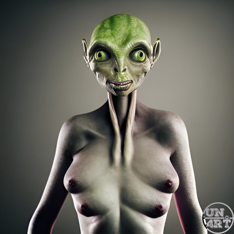 UN4RT imaginarium – hyperrealistic green-skinned alien female figure with wide yellow eyes and elongated neck, dark sci-fi character portrait.