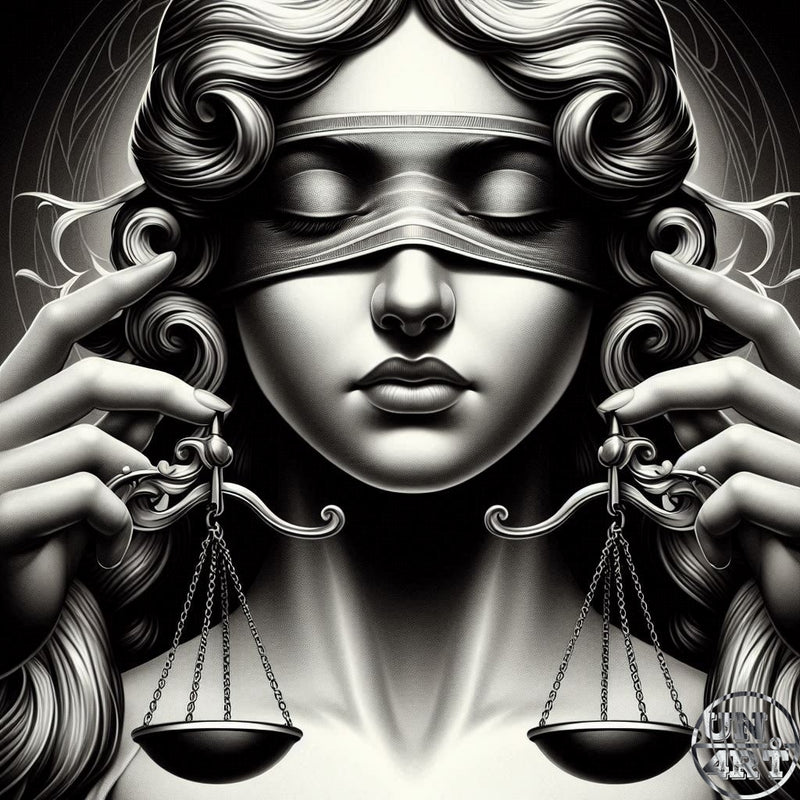 UN4RT imaginarium – blindfolded lady justice holding scales of balance, black and white detailed pencil illustration, dark symbolic art.