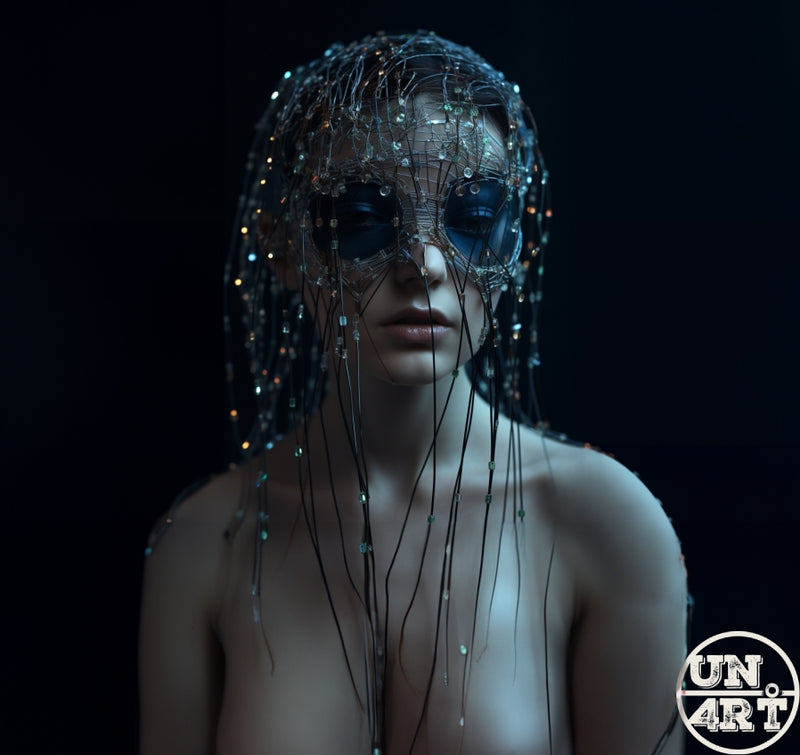 UN4RT imaginarium – woman wearing intricate crystal wire mesh headpiece covering her eyes, pale skin against black background, dark cyberpunk portrait.