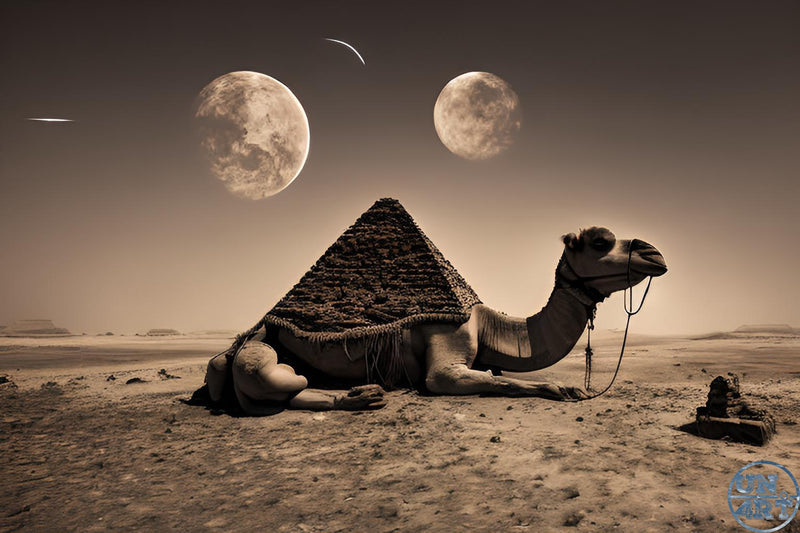 UN4RT imaginarium – camel resting in a desert with a stone pyramid on its back beneath two large moons, sepia surreal fantasy art.