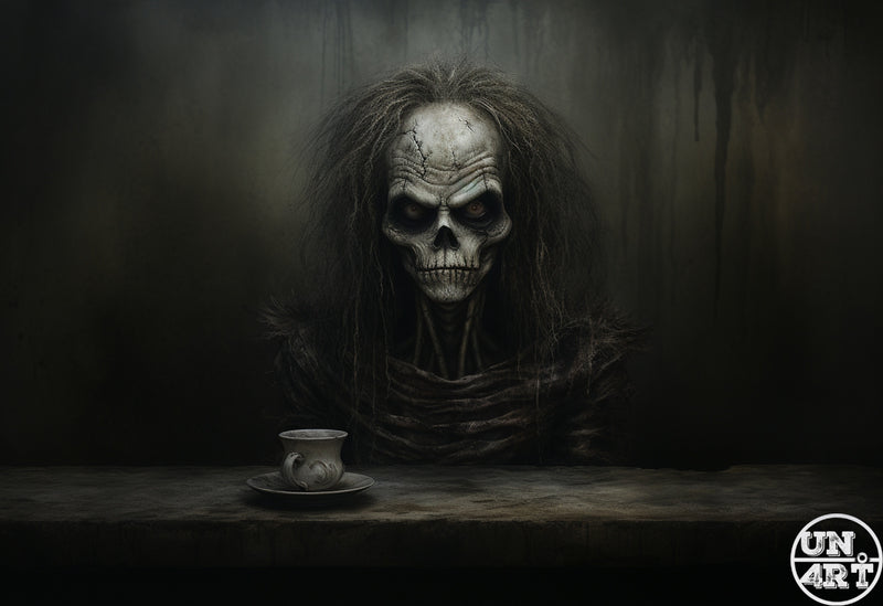 UN4RT imaginarium – decayed skull-faced figure with long dark hair seated at a table with a teacup, dark gothic oil painting style.