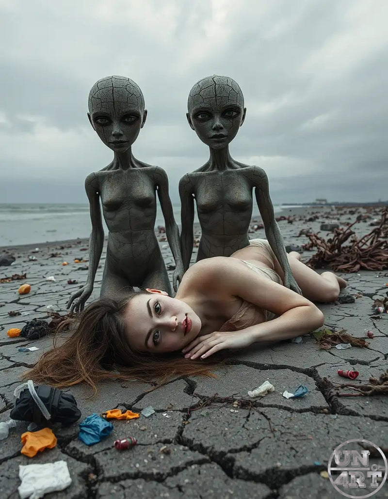 UN4RT imaginarium – woman lying on cracked ground beside two grey alien figures on a polluted beach under a stormy sky, dark sci-fi surreal art.