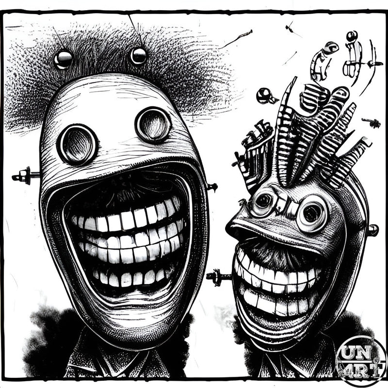 UN4RT imaginarium – two grotesque robot-faced creatures with wide toothy grins and mechanical heads, bold black and white ink illustration.