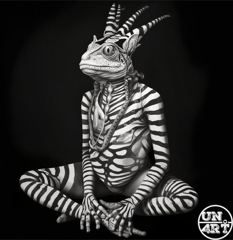 UN4RT imaginarium – seated humanoid figure with lizard head and bold black and white stripe bodypainting on black background, dark surreal art.