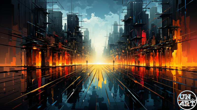 UN4RT imaginarium – lone figures walking toward a blazing golden light at the end of a rain-slicked dystopian city street, dark cinematic digital art.