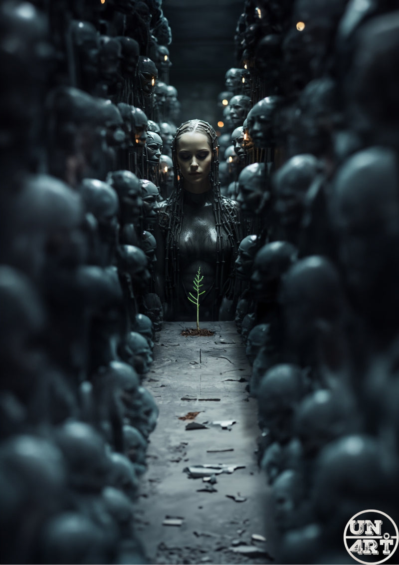UN4RT imaginarium – female cyborg figure with braided hair bowing over a single green seedling in a dark corridor lined with grey humanoid skulls, dark sci-fi art.