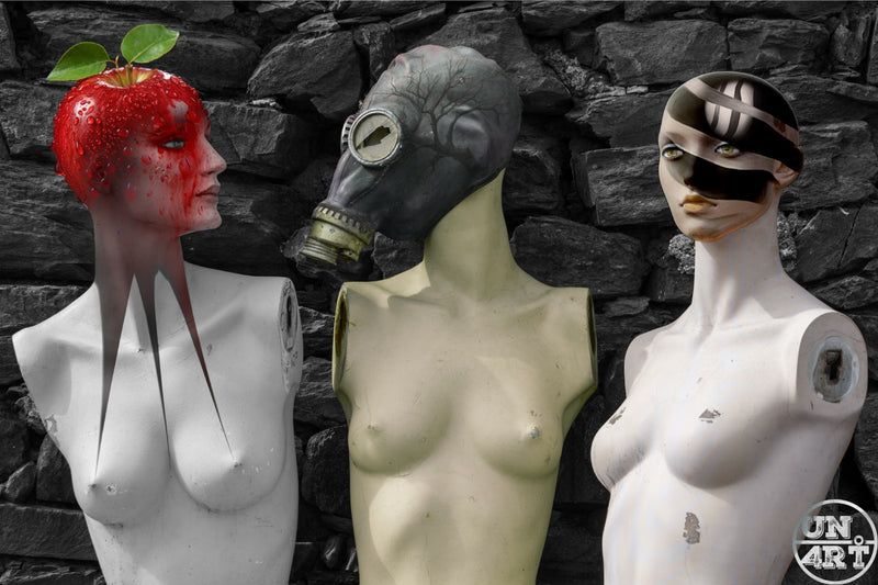UN4RT imaginarium – three female mannequin torsos with surreal heads: giant red apple, gas mask and painted blindfold, against a dark stone wall.
