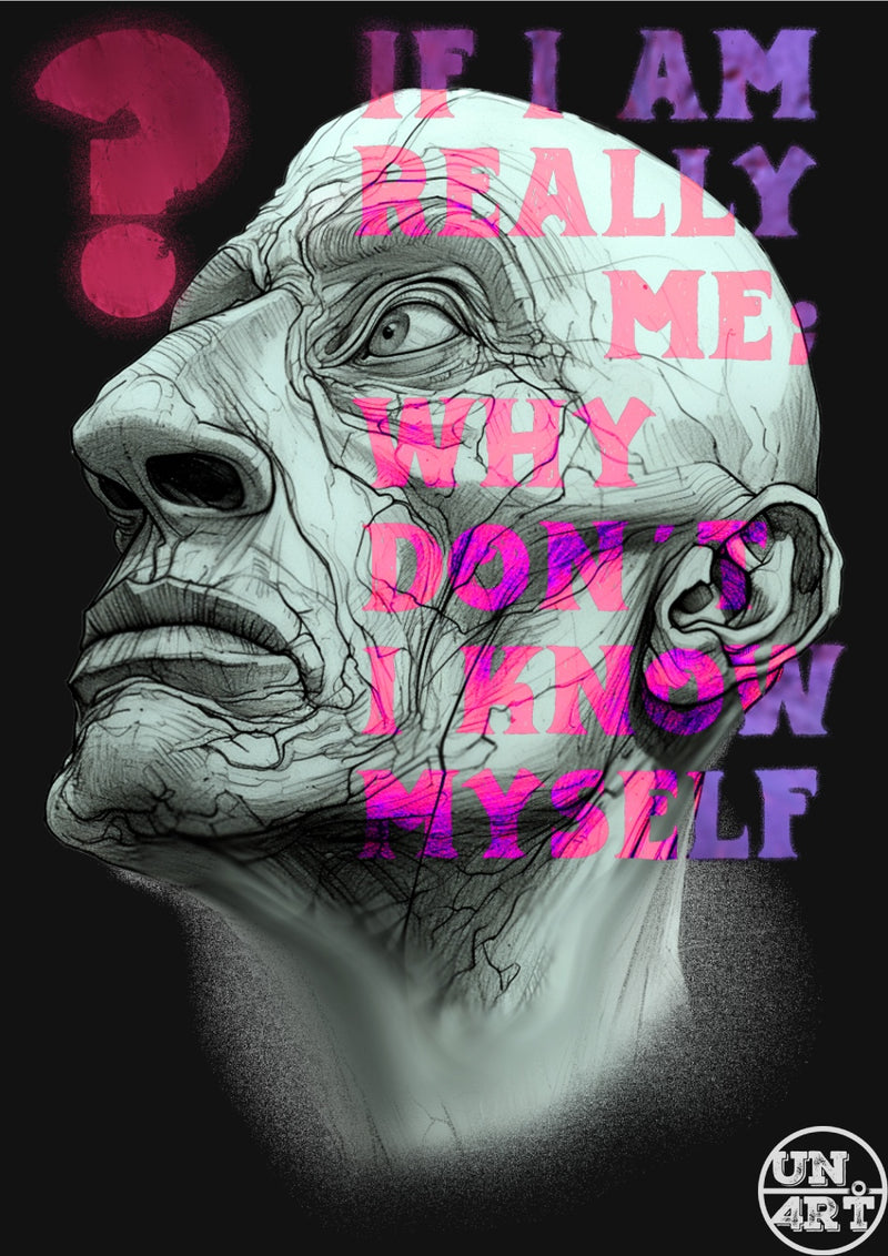 UN4RT imaginarium – cracked bald aged face gazing upward overlaid with bold neon pink and purple identity crisis typography, dark conceptual portrait art.