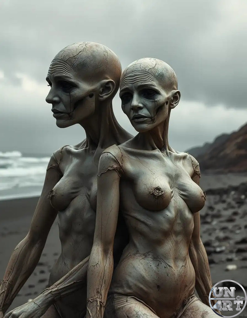 UN4RT imaginarium – two cracked clay-skinned bald humanoid figures on a black sand beach under an overcast sky, dark surreal sci-fi photography-art style.