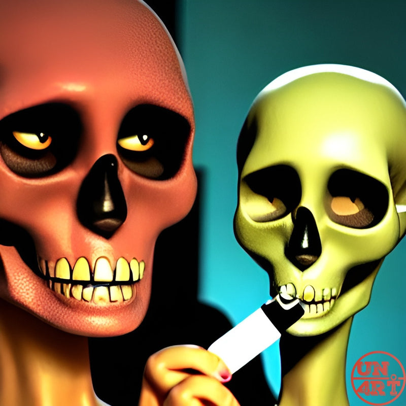 UN4RT imaginarium – two glossy skull-faced figures in red and yellow-green tones sharing a lighter, dark pop surrealist 3D digital art.