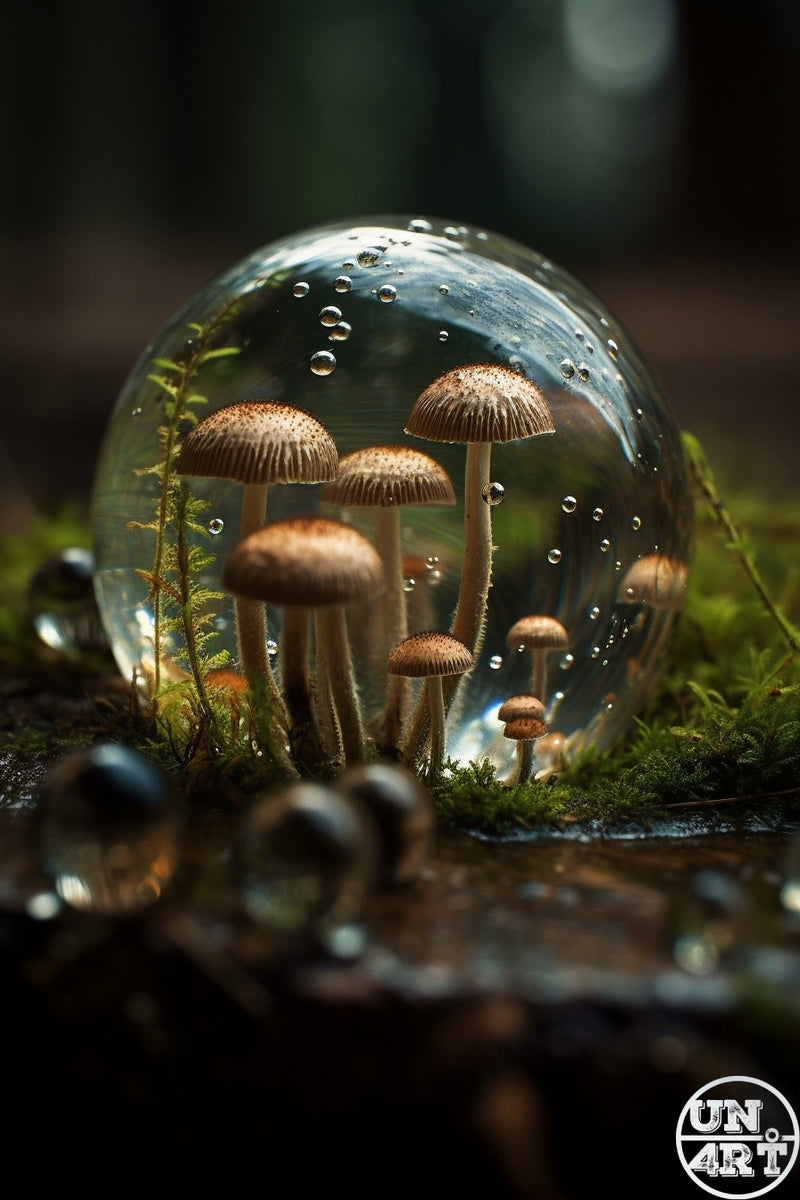 UN4RT imaginarium – cluster of wild mushrooms and moss enclosed inside a dewy glass sphere on a dark forest floor, surreal macro fantasy photography.