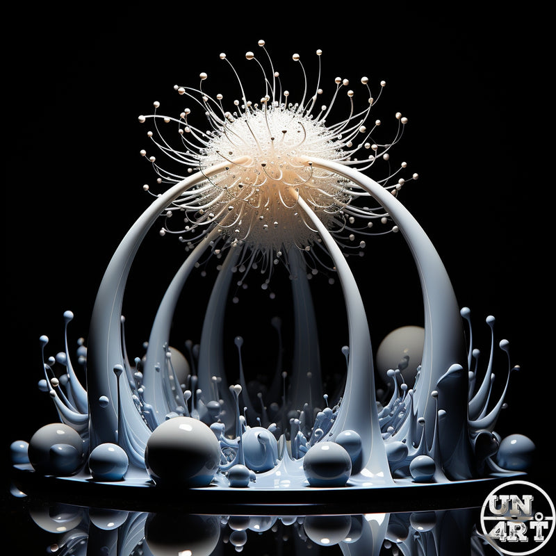 UN4RT imaginarium – white 3D sculptural organism with arching tendrils and pearl-tipped filaments rising from a sea of grey liquid spheres on black background, dark abstract digital art.